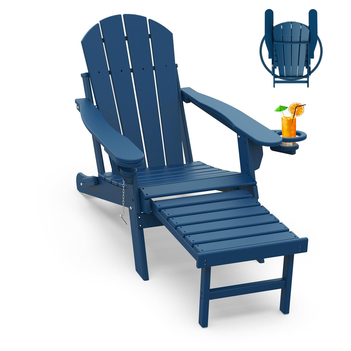 Greenvines Adirondack-Chairs-With-Ottoman | Folding | Retractable-Footrest | Hdpe Plastic | All Weather Fire Pit Chair | Cup Holders | Blue | For Outdoor Poolside