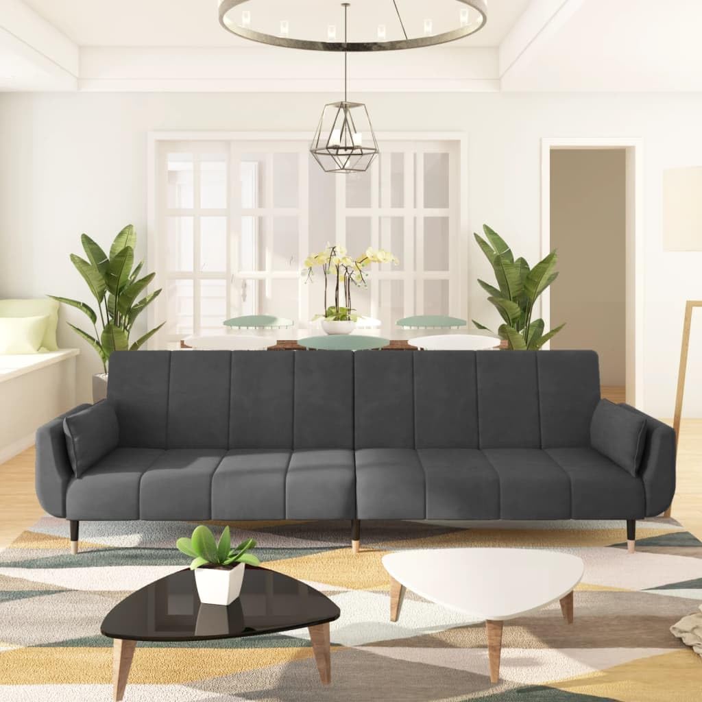 vidaXL Dark Gray Velvet 2-Seater Sofa Bed - Convertible Loveseat Couch with Adjustable Backrests and Pillows for Living Room, Office, Guest Room