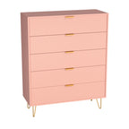 5-Drawer Chest in MDF Wood with Gold Metal Legs and Handles (Pink)