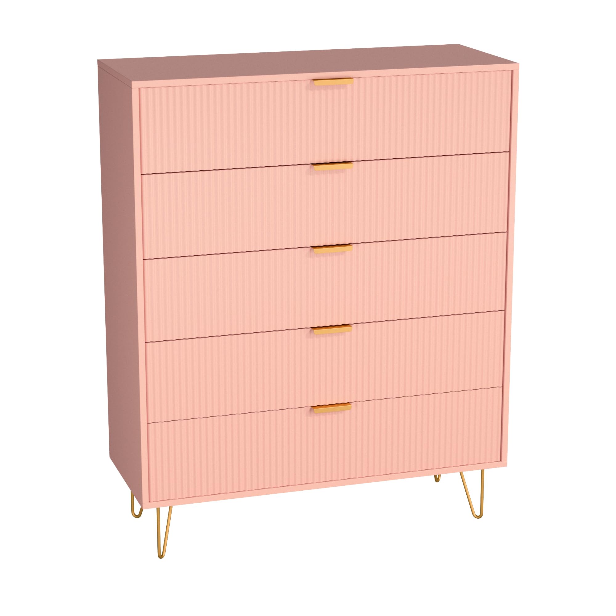 5-Drawer Chest in MDF Wood with Gold Metal Legs and Handles (Pink)