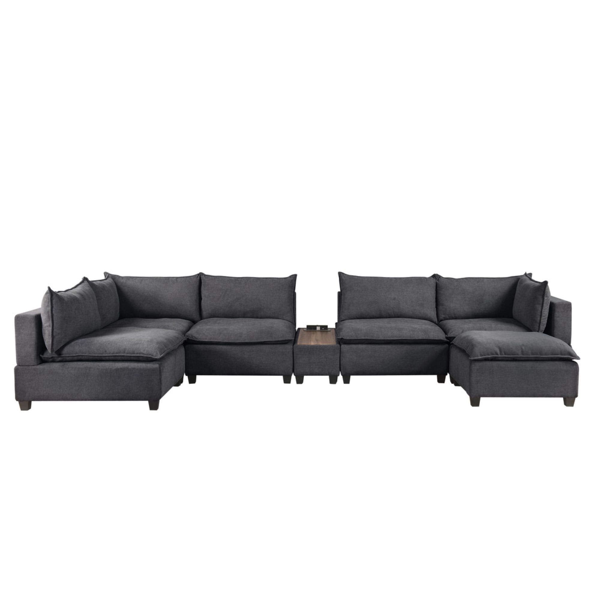 Lilola Home Madison Dark Gray Fabric 7-Piece Modular Sectional Sofa Chaise with USB Storage Console Table