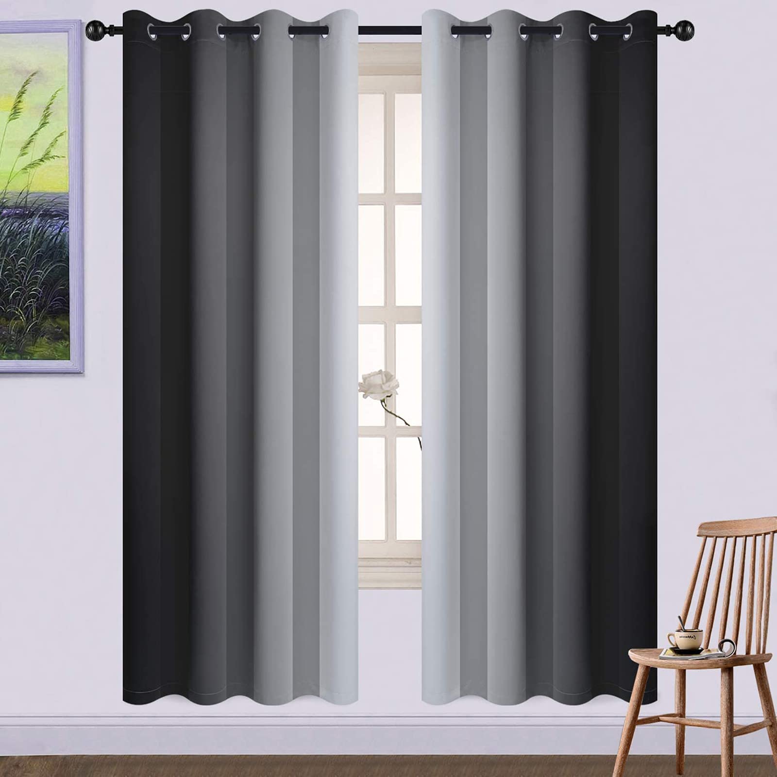 Yakamok Ombre Blue And Orange Curtains For Bedroom, Gradient Room Darkening Curtains, Grommet Thermal Insulated Light Blocking W