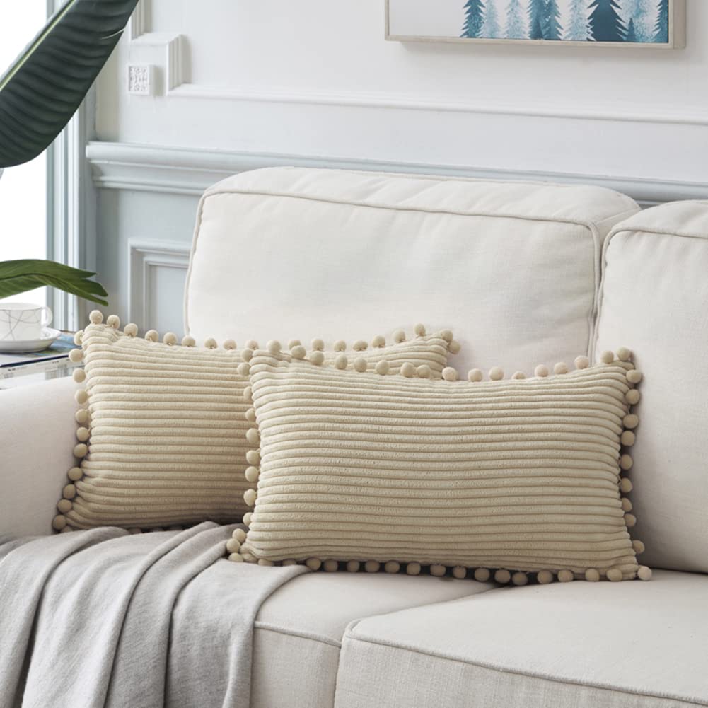 Fancy Homi Pack Of 2 Tan Lumbar Decorative Throw Pillow Covers With Pom-Poms, Soft Corduroy Solid Rectangle Cushion Cases Set Fo