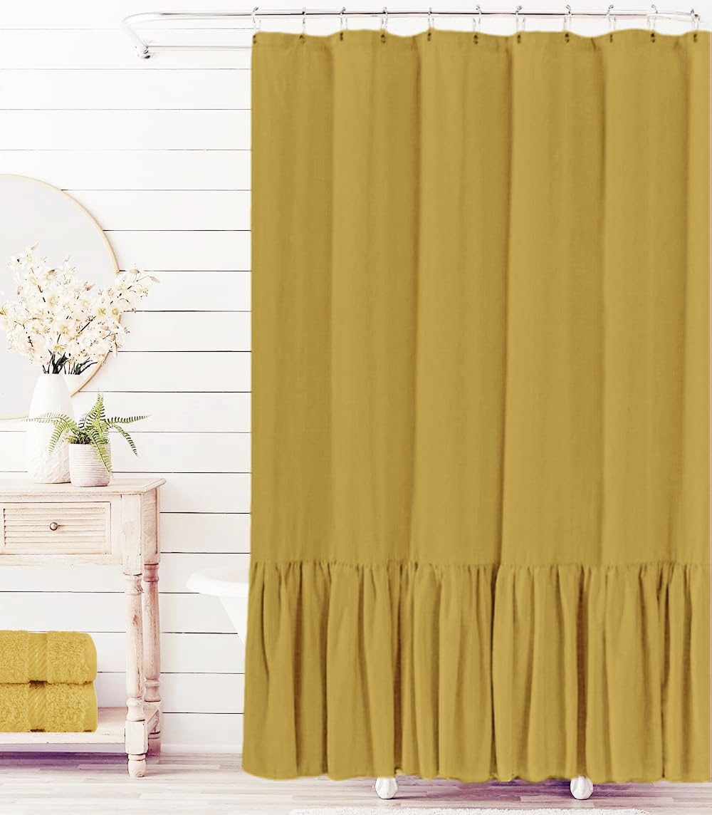 Felisa Farmhouse Shower Curtain With A Ruffle Hem, Linen Blend Shower Curtain For Bathroom,Mustard,72'X72'