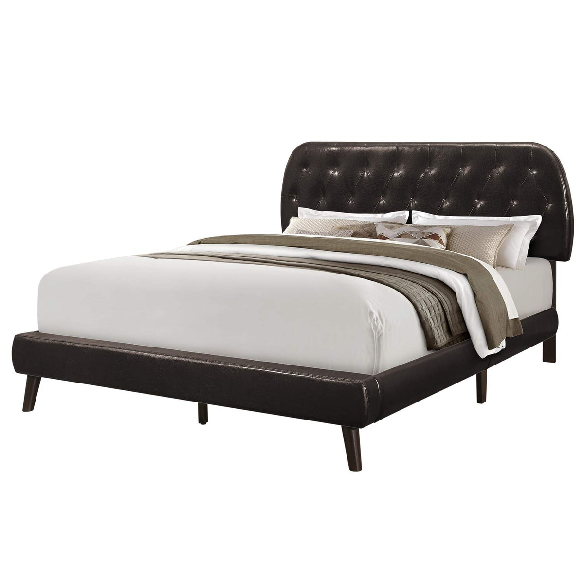 Monarch Specialties Queen Size/Brown Leather-Look with Wood Legs Bed