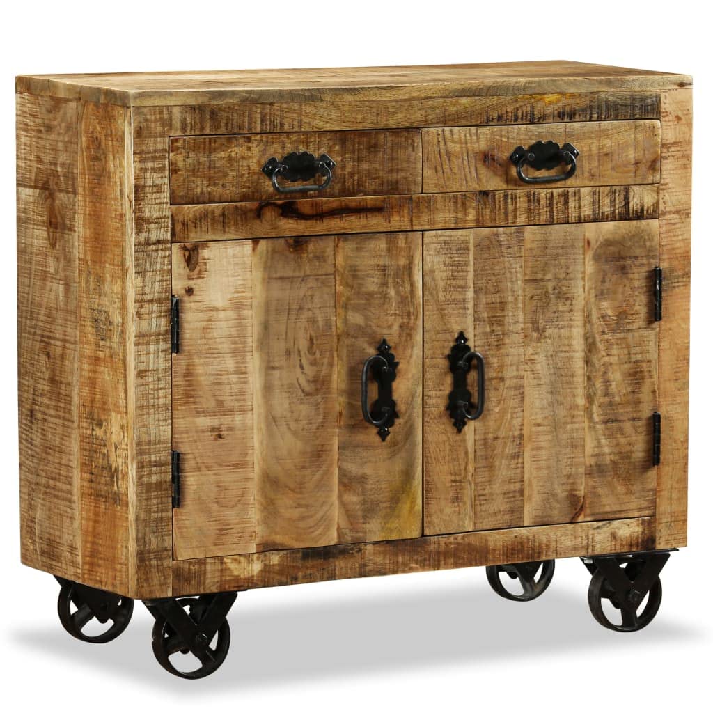 vidaXL Rough Mango Wood Sideboard with 2 Drawers, 1 Cabinet, Wheels & Braking Mechanism - Versatile Industrial Style Storage Cabinet