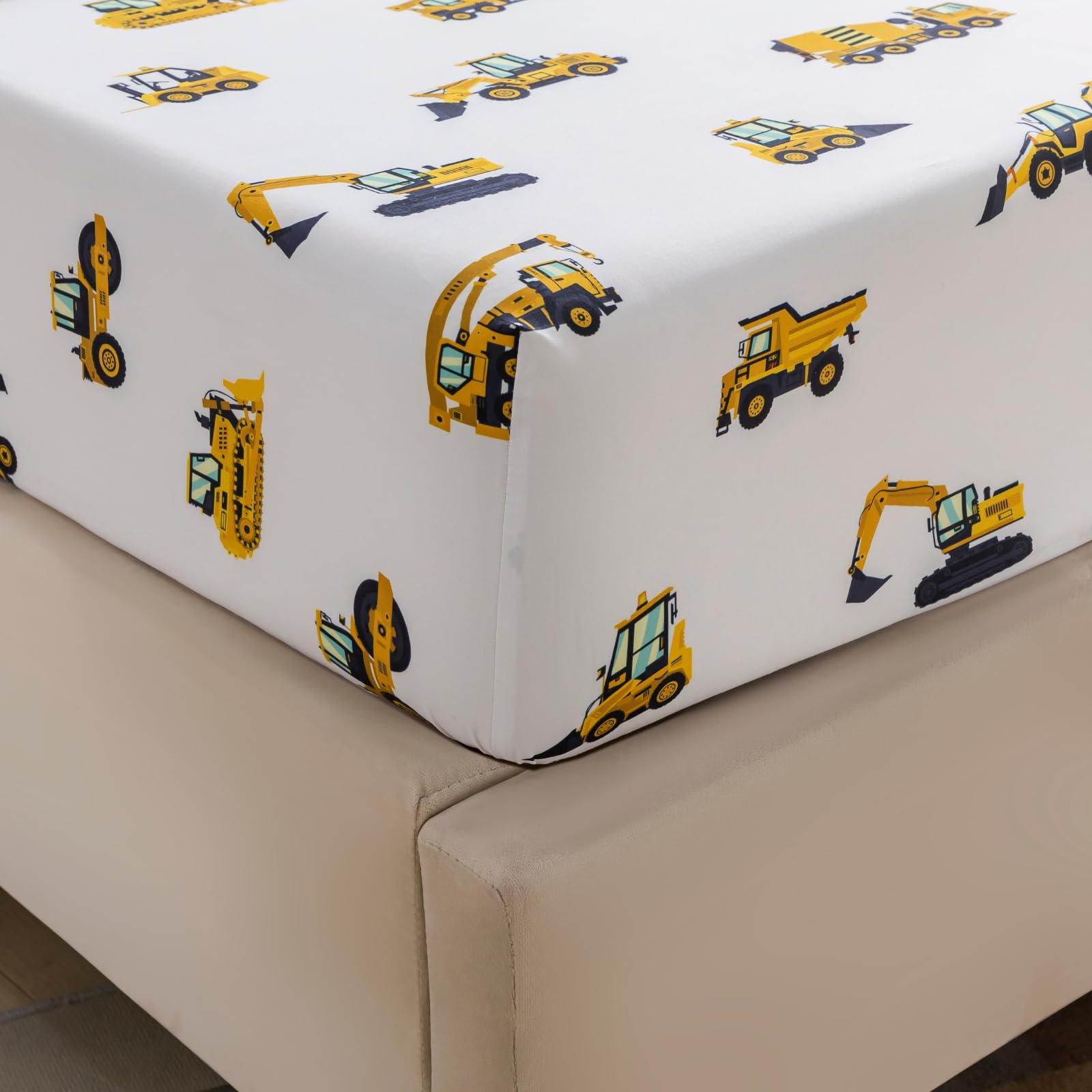 3-Piece Twin Size Kids Bed Sheet Set By Coukouchyi, Soft & Breathable Kids Fitted Sheet, Construction Kids Twin Bed Flat Sheet F