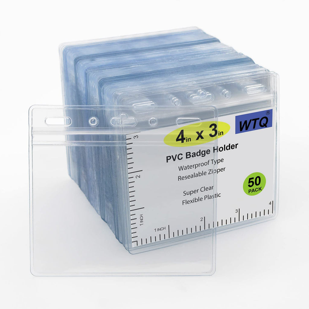 Wtq 50 Pack Waterproof Id Badge Holders (Fit 4X3 Inches Insert), Clear Plastic, Premium Quality, Heavy-Duty, Horizontal Hanging