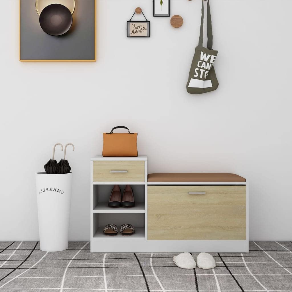 vidaXL Shoe Storage Bench Modern Design, Faux Leather Seating, White and Sonoma Oak, Engineered Wood, Ample Storage Space, Assembly Required, 37.2&quot;x12.2&quot;x22.4&quot; Dimensions