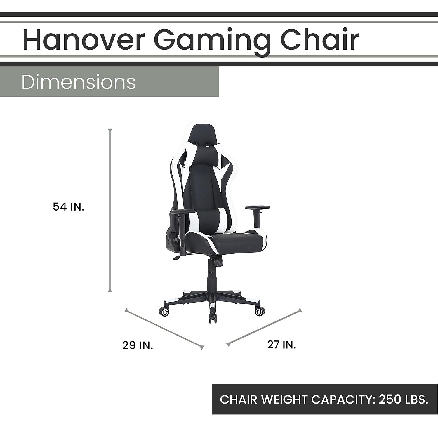 Commando Ergonomic Gaming Chair in Black and White with Adjustable Gas Lift Seating, Lumbar and Neck Support