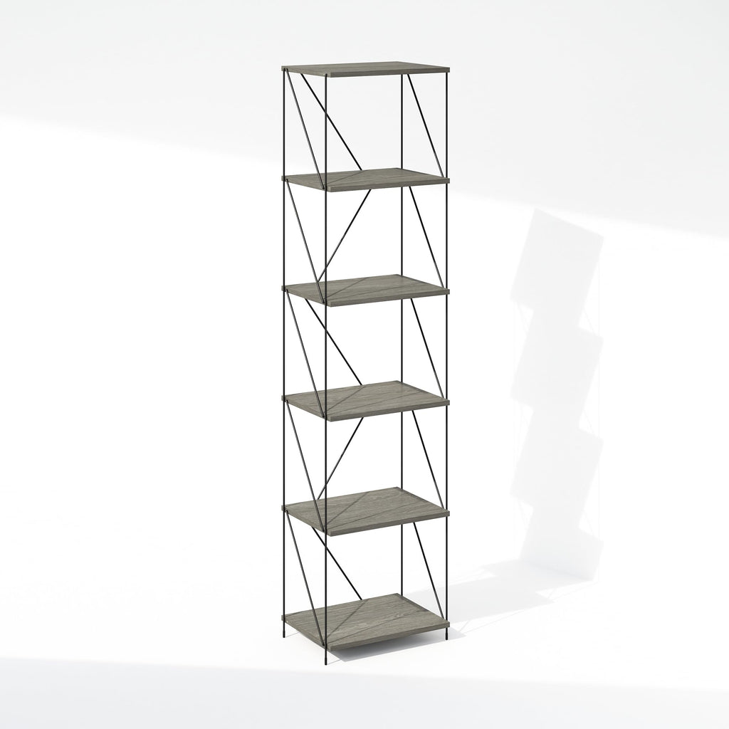 Furinno Wire 6-Tier Industrial Style Metal Frame Bookcase, Display Shelf, 16 Wide, Finn Oak