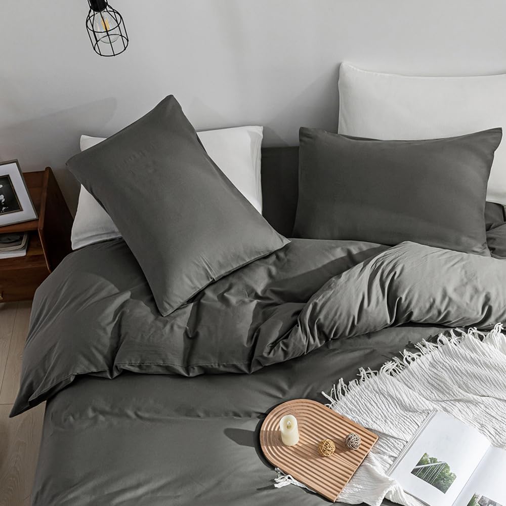 Jellymoni Gray Duvet Cover Full Size - 100% Washed Cotton Linen Like Textured Comforter Cover, 3 Pieces Breathable Soft Bedding