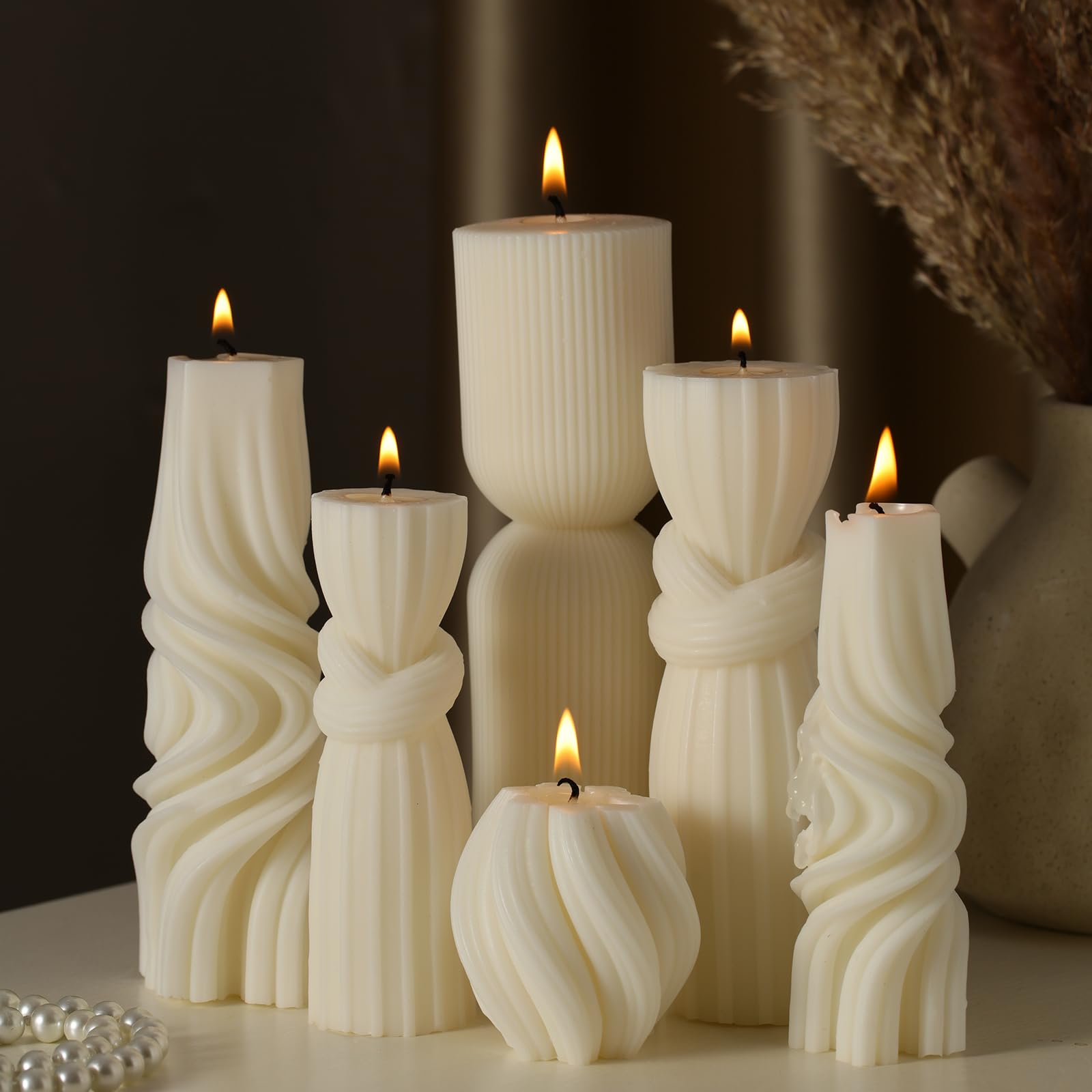 Threlaco 6 Pcs Pillar Candles Modern Aesthetic Ribbed Decorative Candle Set Cute Soy Wax Scented Ribbed Decor for Home(White,2.3