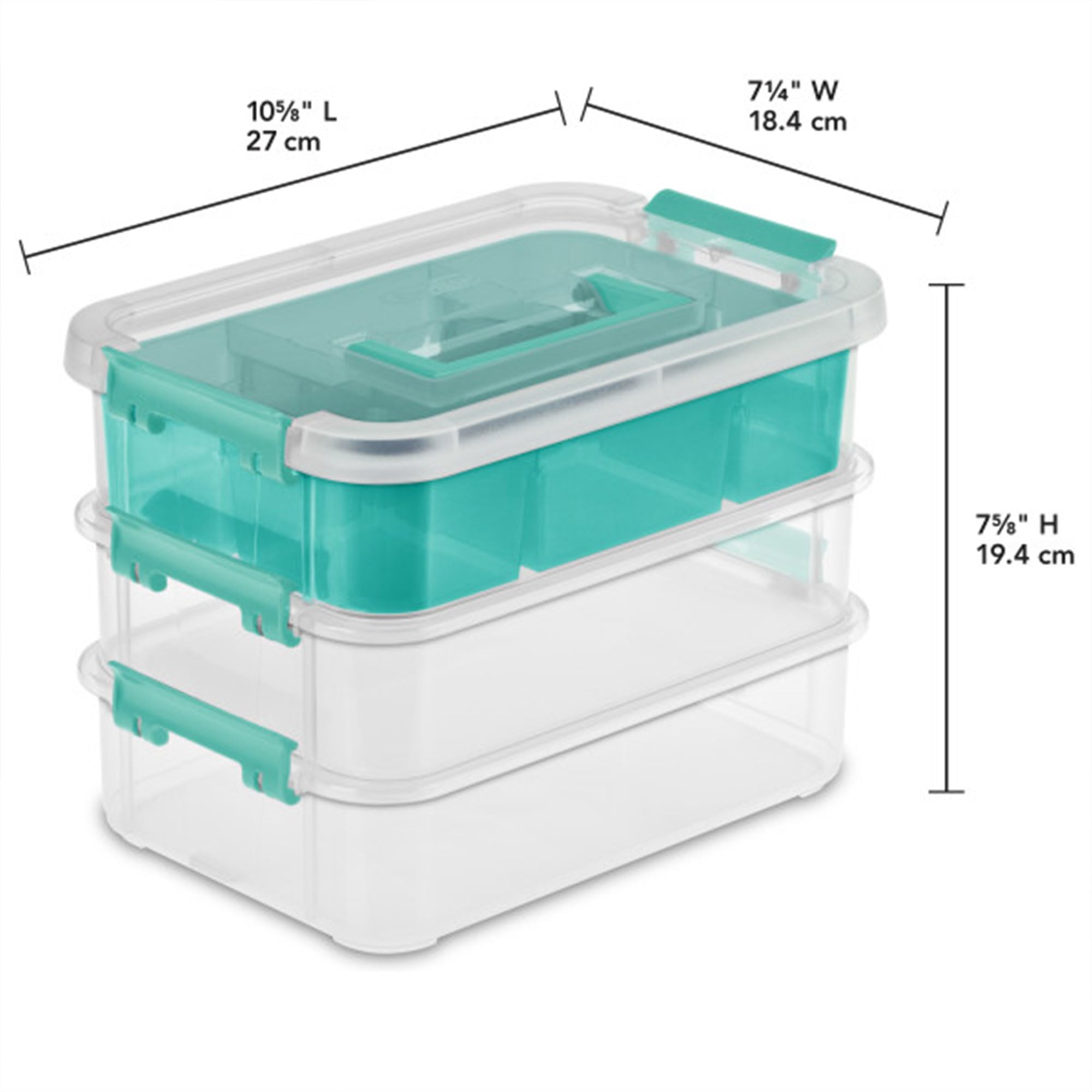 Sterilite Stack And Carry 3 Layer Handle Box And Tray, Plastic Small Storage Container With Latch Lid, Organize Crafts, Clear Wi