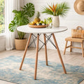 Creative Round Dining Table, White Mdf With Duco Paint Top With Natural Wood Legs, Ideal For Cafe, Restaurant, Small Space, 800