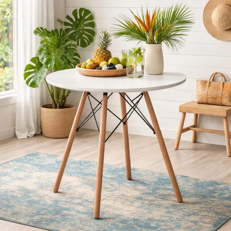 Creative Round Dining Table, White Mdf With Duco Paint Top With Natural Wood Legs, Ideal For Cafe, Restaurant, Small Space, 800