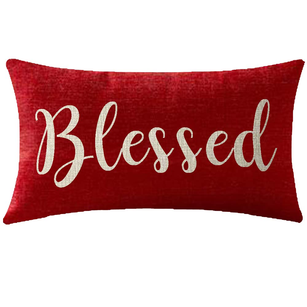 Nice Gift Inspirational Blessed Words Waist Lumbar Red Cotton Linen Throw Pillow Case Cushion Cover For Sofa Home Christmas Deco