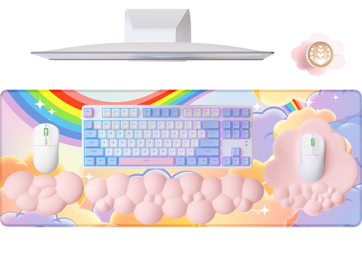 5 In1 Cloud Mouse Pad,Keyboard Wrist Rest,Mouse Wrist Rest Support,Mouse Pad Wirst Rest And Leather Coaster Set With Office Desk