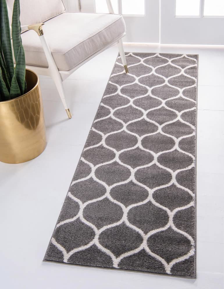 Unique Loom Trellis Frieze Collection Area Rug - Rounded (2' X 8' 8'' Runner, Dark Gray/ Ivory)