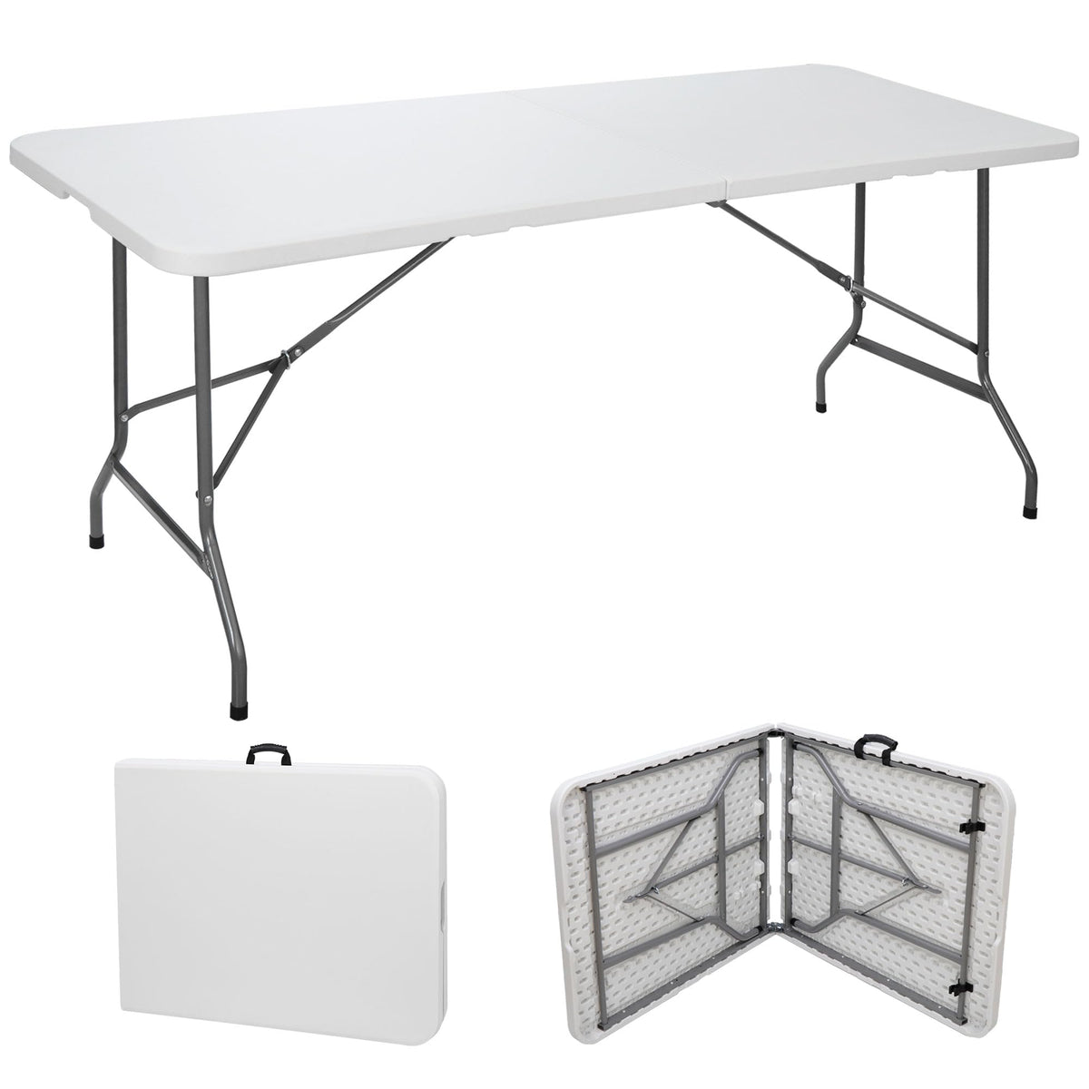 Zeny 6Ft Folding Table, Portable Picnic Table, Plastic Table For Indoor Outdoor Picnic, Party, Camping, Heavy Duty Fold-Up Table With Handle, White