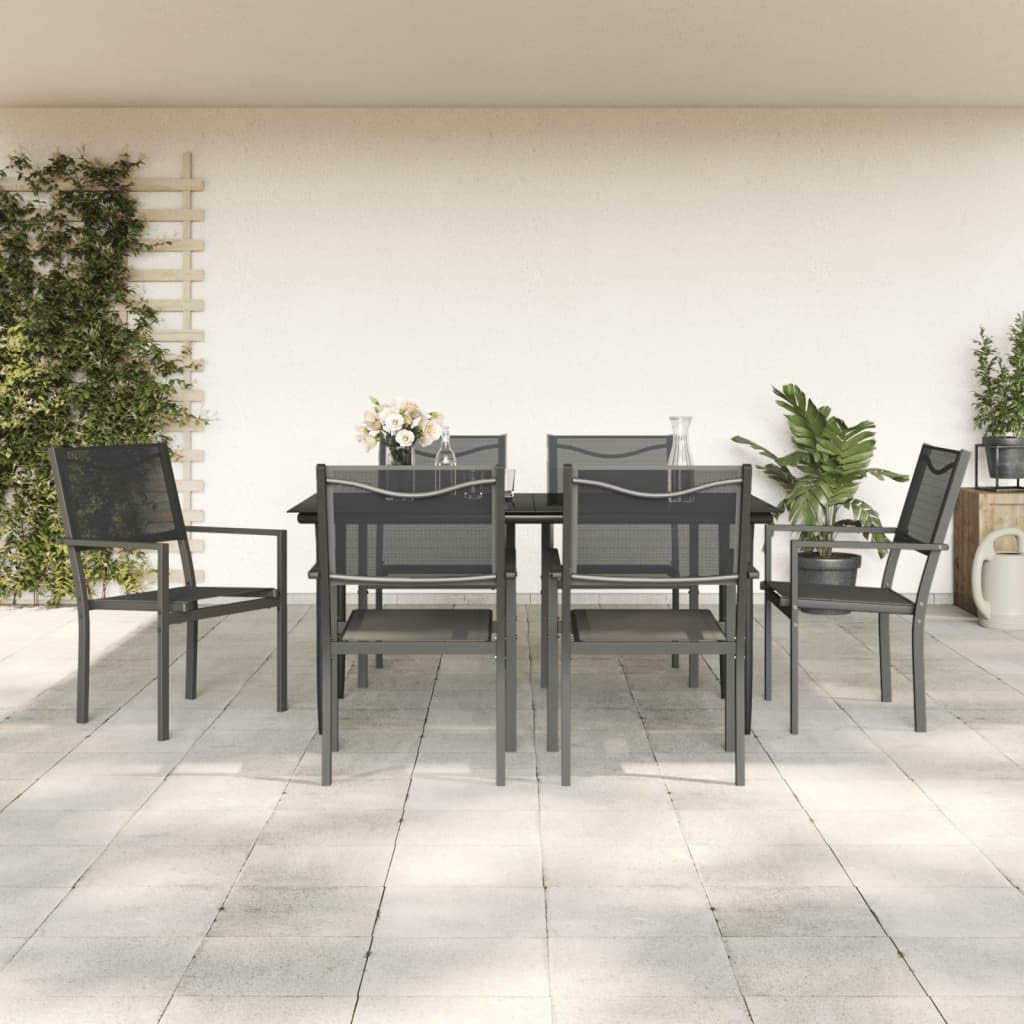 vidaXL 7 Piece Outdoor Patio Dining Set - Black Powder-Coated Steel and Textilene, Rectangular Tempered Glass Table, Comfortable Chairs - Elegant Design for Garden and Patio
