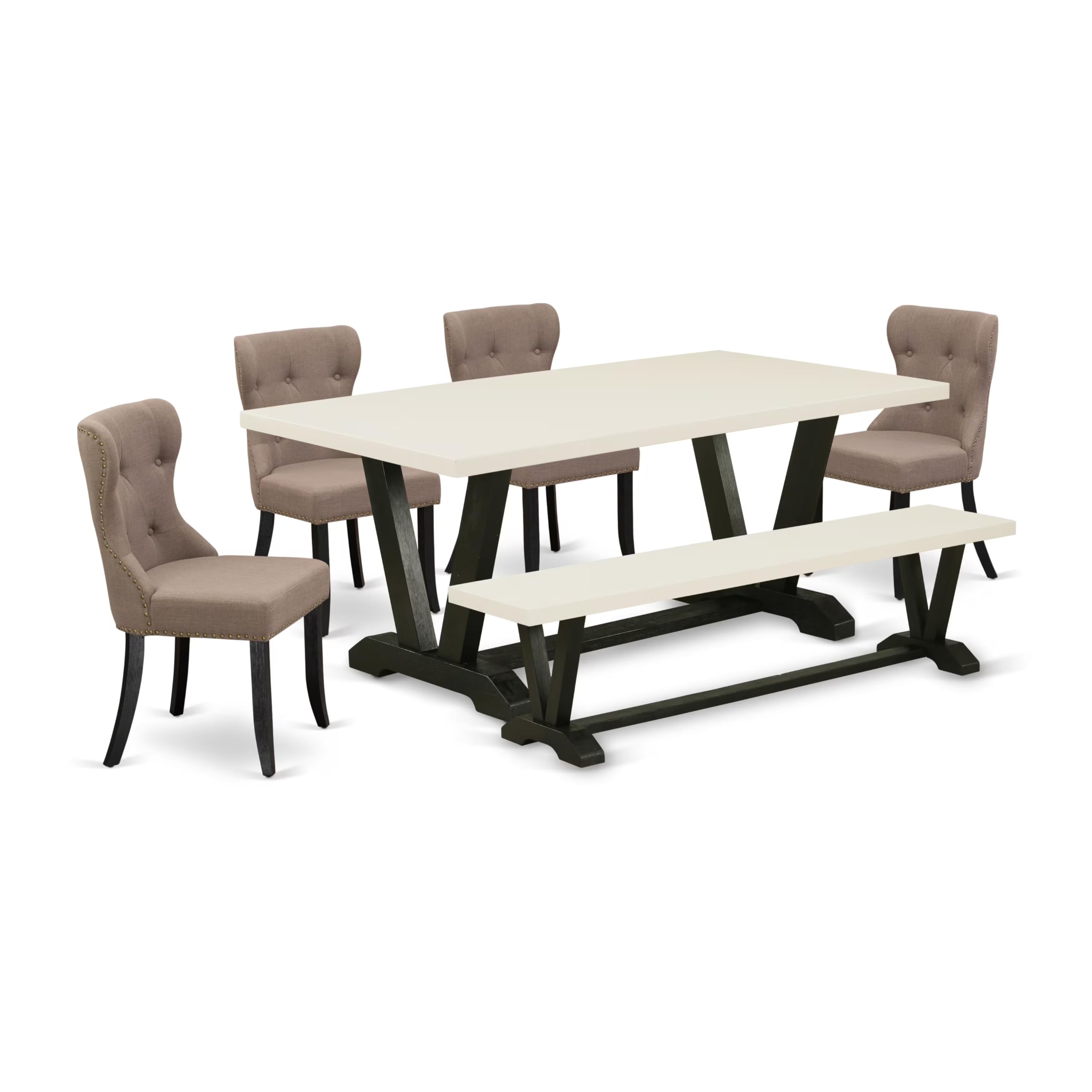 East West Furniture V627Si648-6 6 Piece Kitchen Table Set Contains A Rectangle Dining Table With V-Legs And 4 Coffee Linen Fabric Parson Chairs With A Bench, 40X72 Inch, Multi-Color