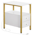 Hoobro End Table With Charging Station, Narrow Side Table With 2 Drawer & Usb Ports & Power Outlets, Nightstand For Small Spaces, Stable And Sturdy, For Living Room, Bedroom, Gold And White Dw541Bz01