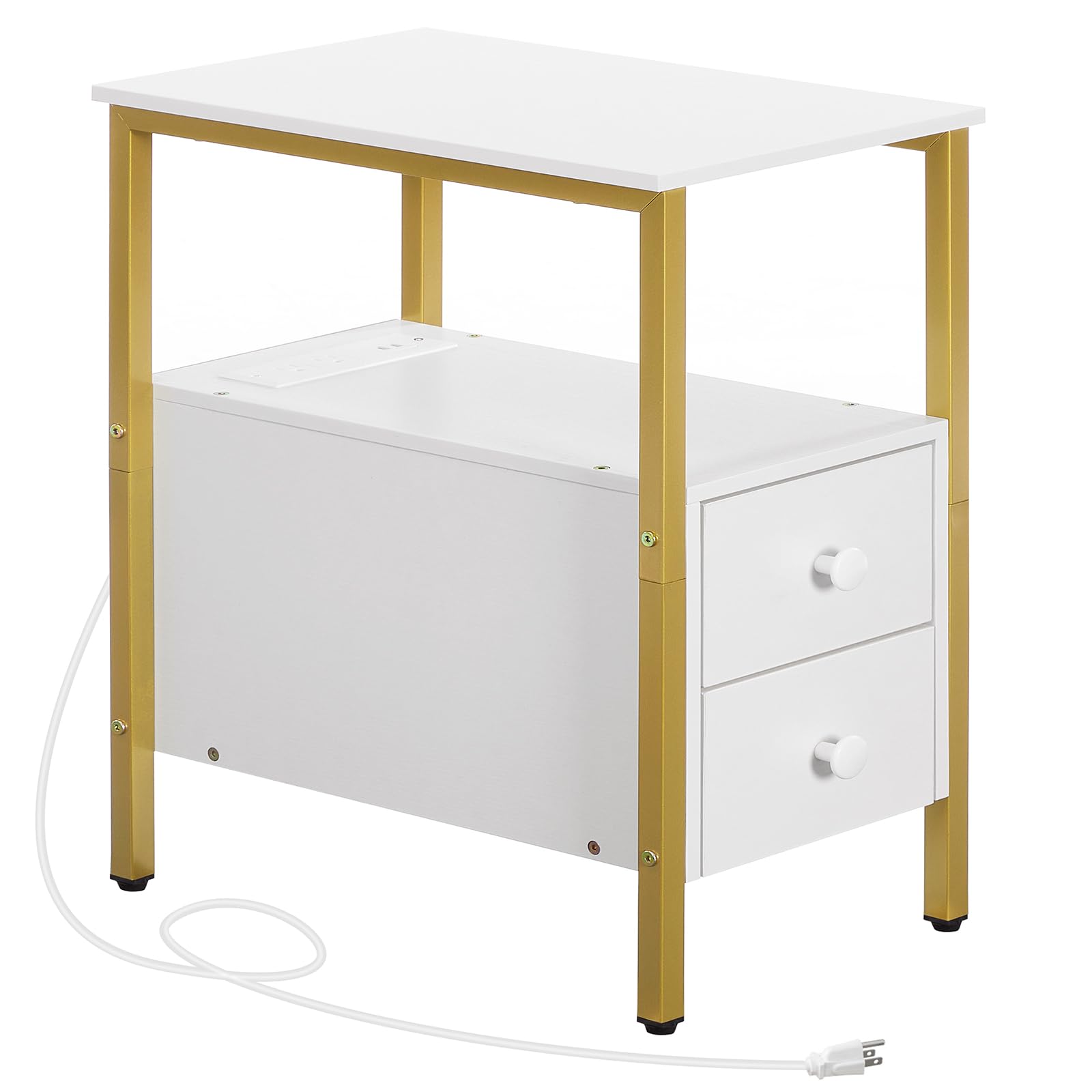 Hoobro End Table With Charging Station, Narrow Side Table With 2 Drawer & Usb Ports & Power Outlets, Nightstand For Small Spaces, Stable And Sturdy, For Living Room, Bedroom, Gold And White Dw541Bz01