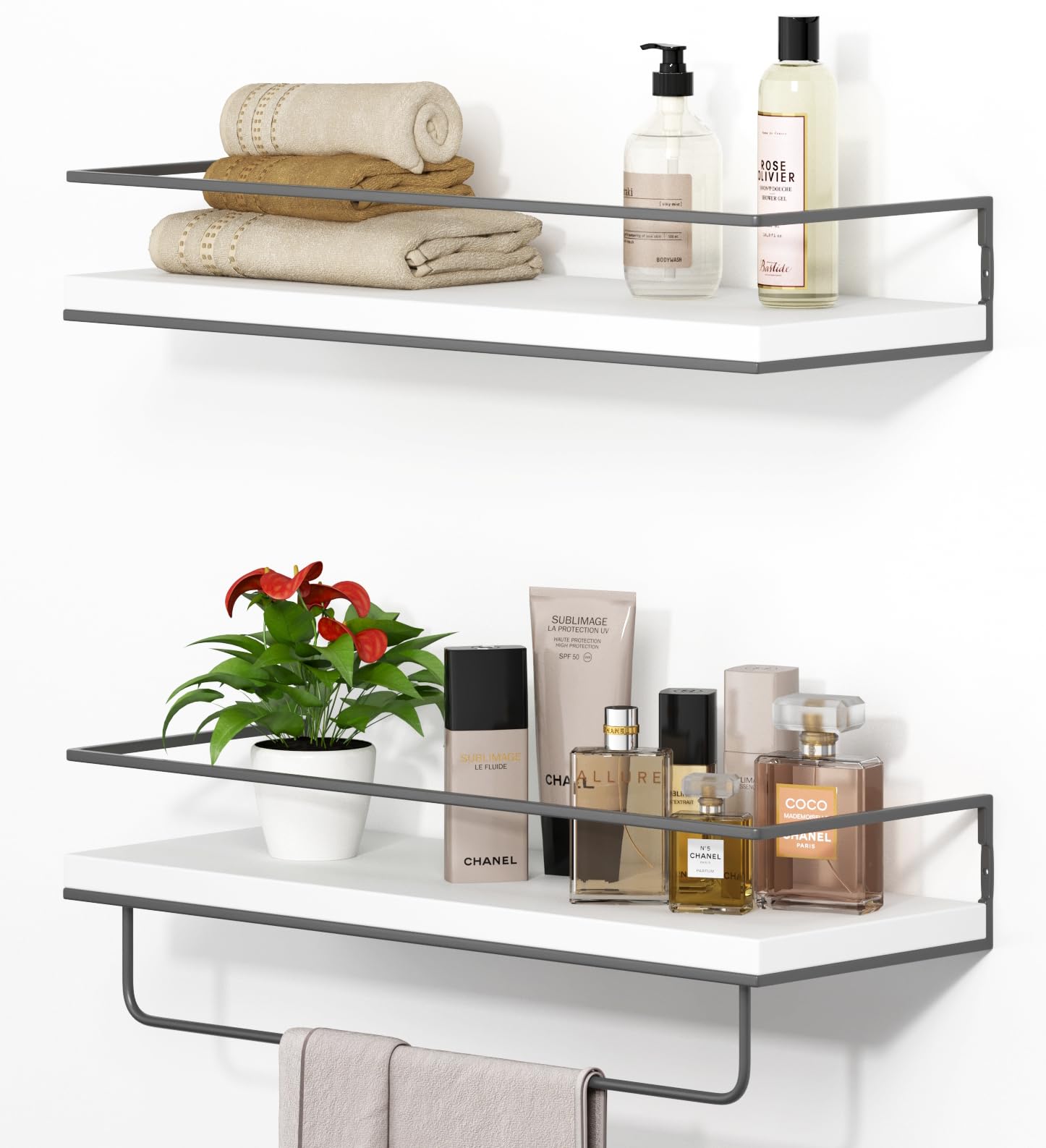 Shario Floating Shelves - Set Of 2, Wall Mounted Hanging Shelves With Golden Towel Rack, Decorative Storage Shelves For Bathroom, Kitchen, Living Room & Bedroom (White Grey)
