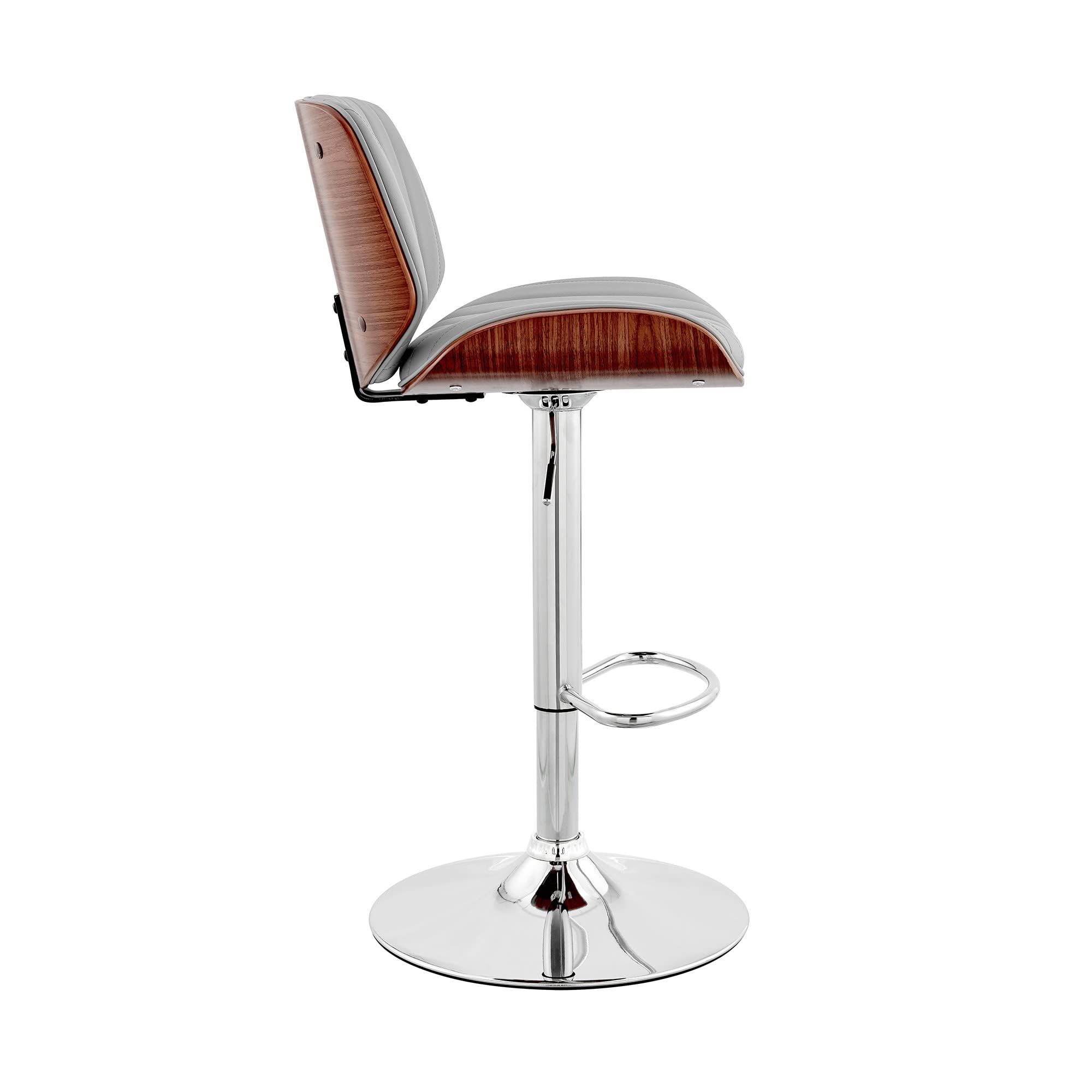 HomeRoots Metal/Plywood/Faux Leather Adjustable Gray Faux Leather Chrome and Walnut Bar Stool