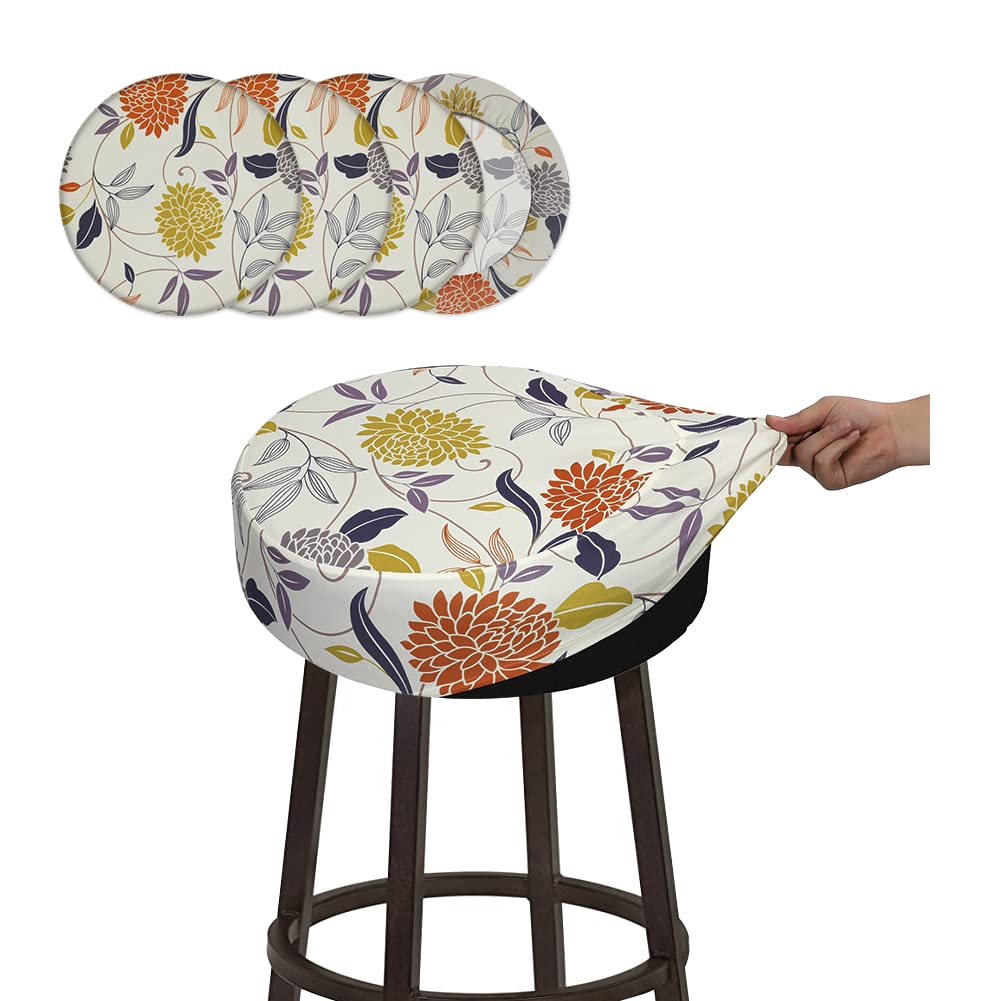 Buyue 4 Pcs Bar Stool Covers, Luxury Dia.12-14' Round Cotton Feeling Printing Stretchy Washable Dustproof Stool Seat Slipcover, S-4 Counts- Zinnia Printed