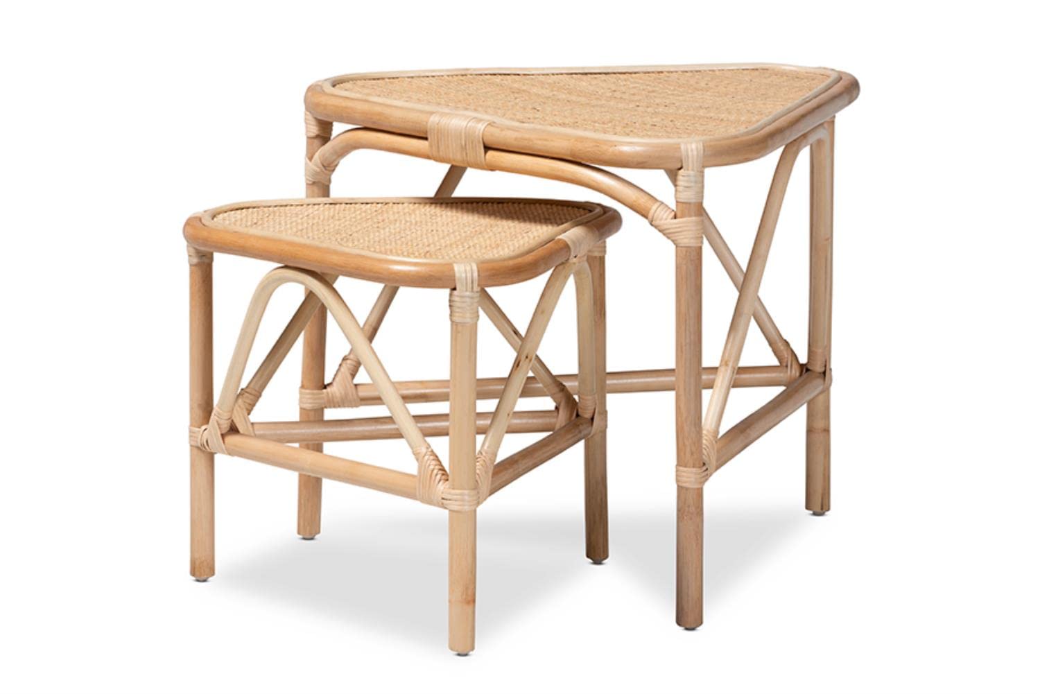 Baxton Studio Jayden Modern Bohemian Natural Brown Finished Rattan 2-Piece End Table Set