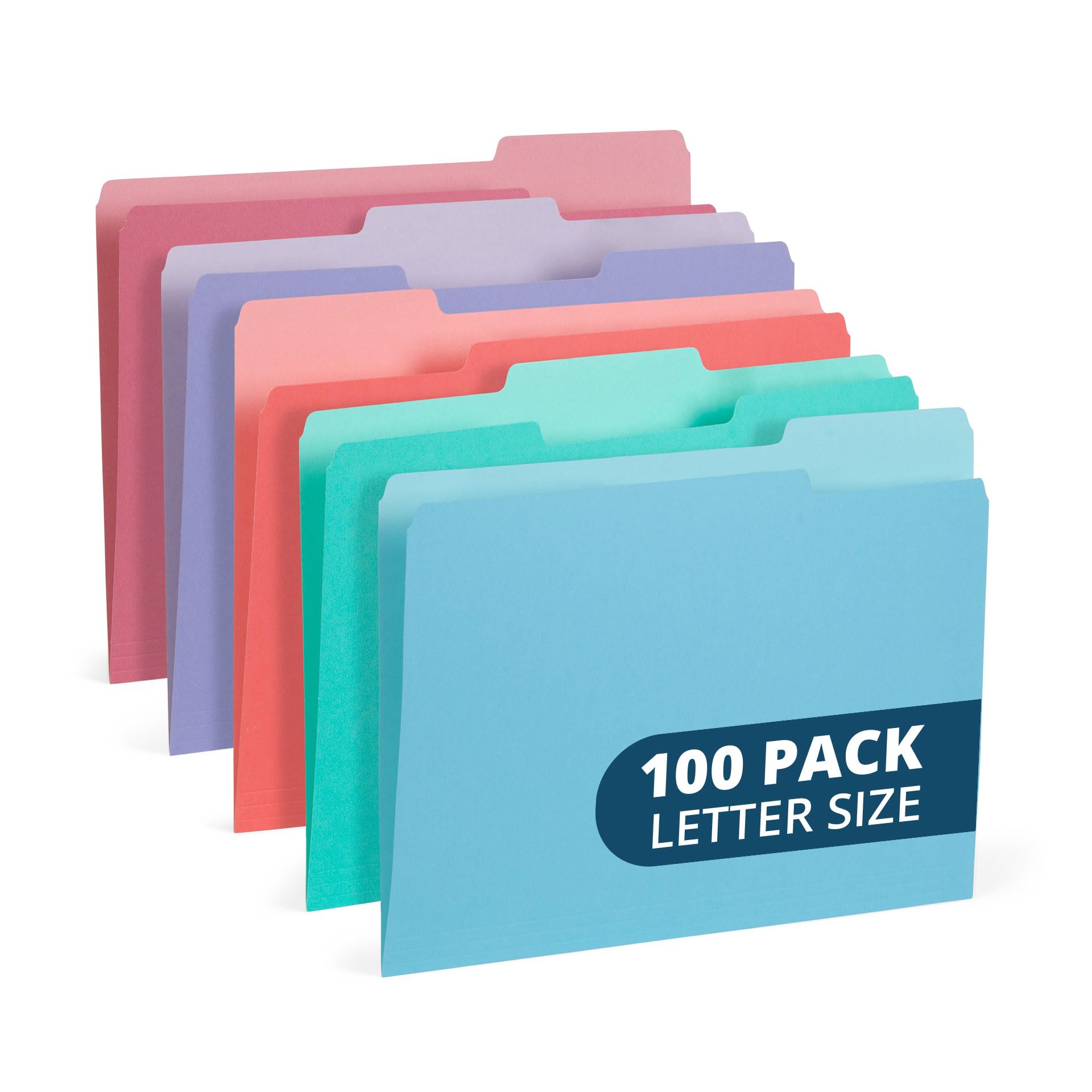100 Blue Summit Supplies Colored File Folders, 1/3 Cut, Letter Size File Folders, Decorative Multicolor Gem Tone Colors, Durable