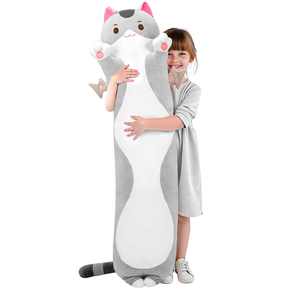 Mewaii Long Cat Plush 5 Sizes, 120% Extra Filling Giant Plushness Kids Body Pillow, Kawaii Cute Grey Cat Stuffed Animals Plushie