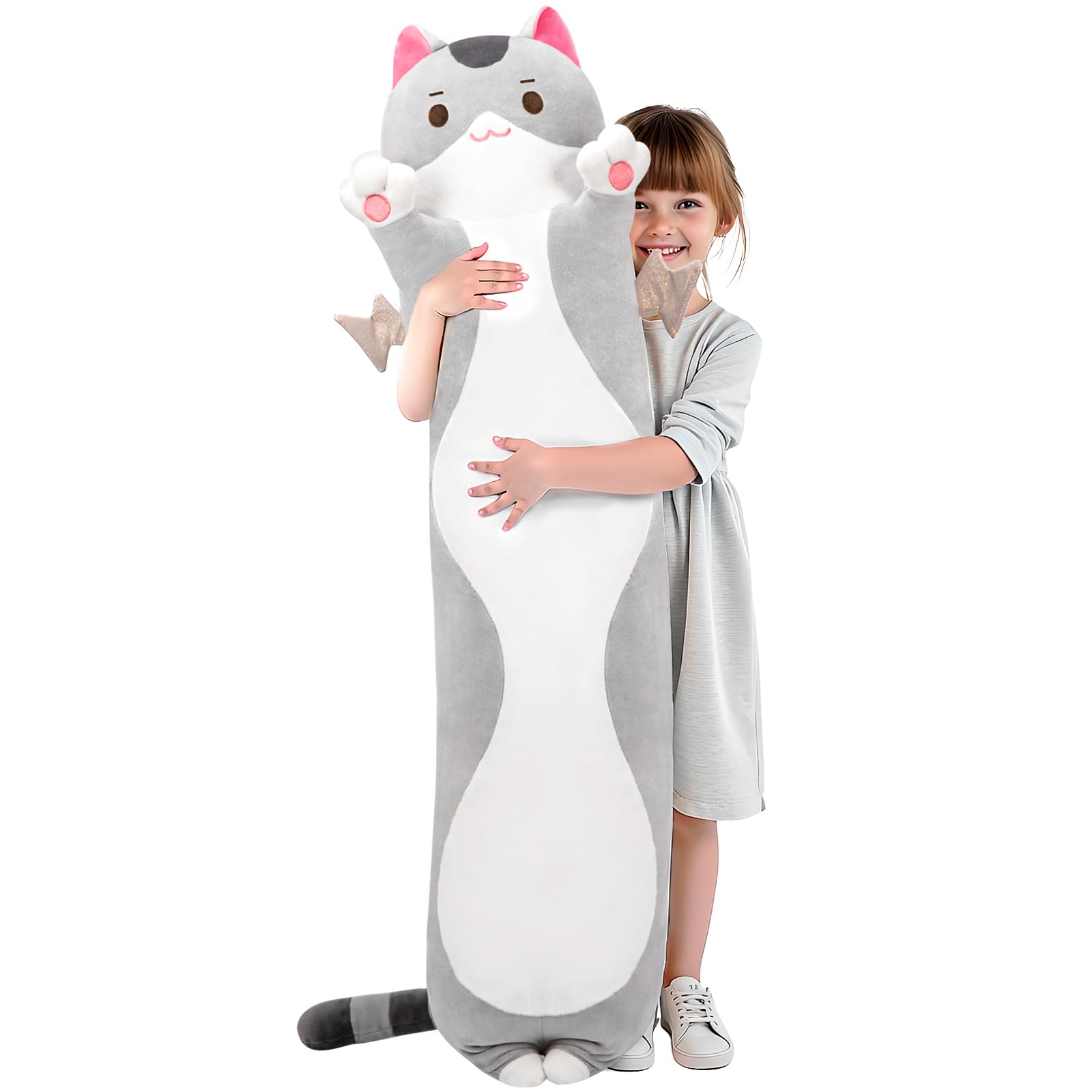 Mewaii Long Cat Plush 5 Sizes, 120% Extra Filling Giant Plushness Kids Body Pillow, Kawaii Cute Grey Cat Stuffed Animals Plushie