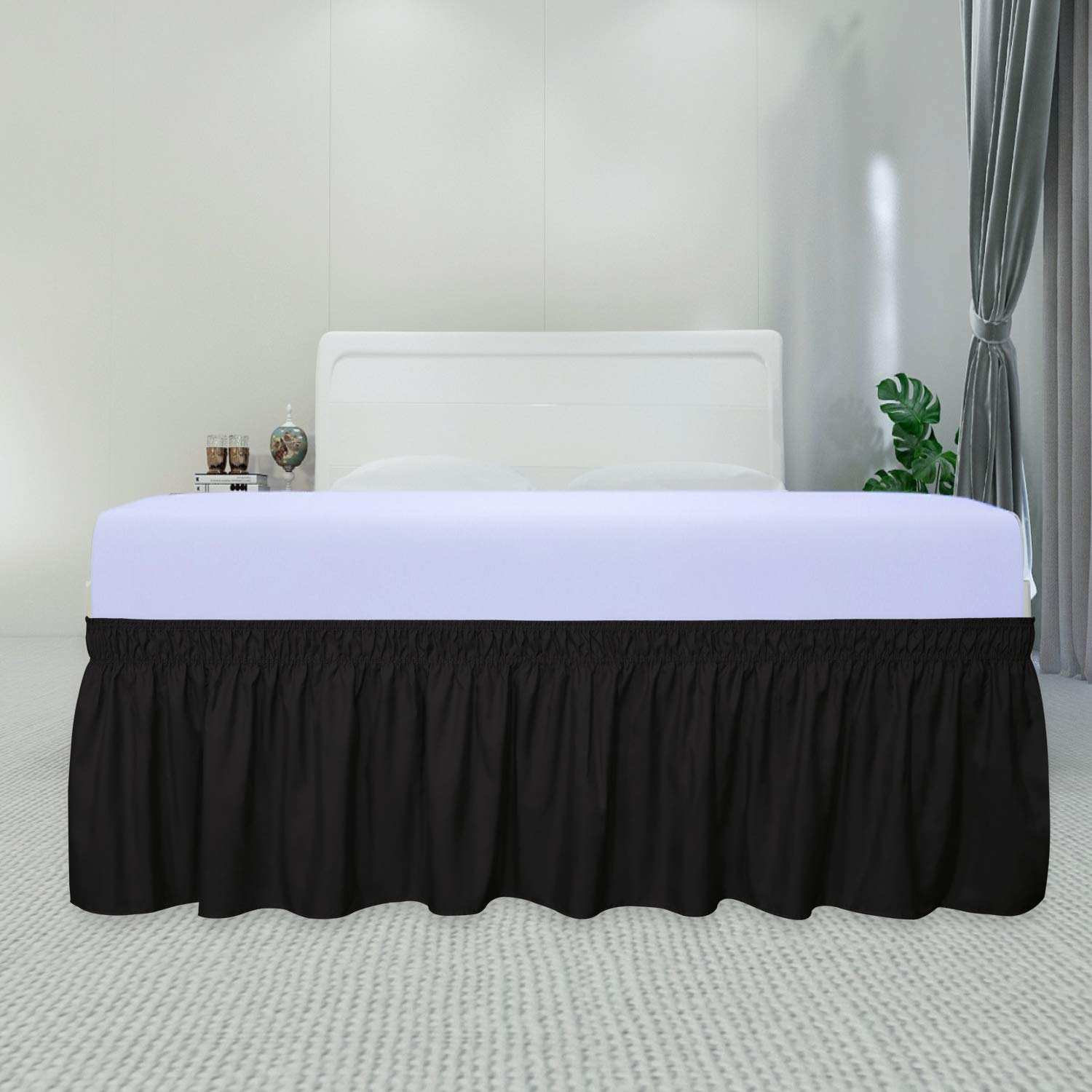 Purefit Wrap Around Ruffled Bed Skirt With Adjustable Elastic Belt - 18 Inch Drop Easy To Put On, Wrinkle Free Bedskirt Dust Ruffles, Bed Frame Cover For Twin, Twin Xl And Full Size Beds, Black