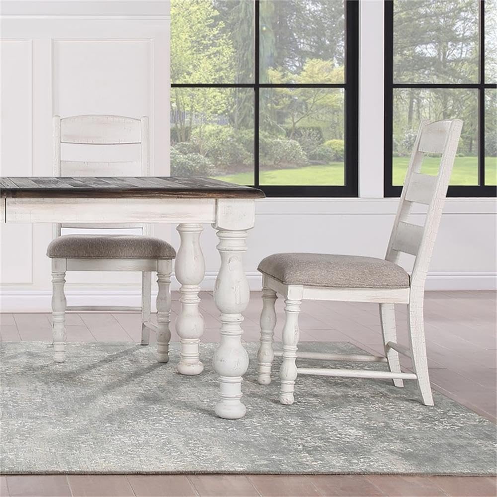 Steve Silver Furniture Heston 5pc Dining Table Set, Farmhouse Design, Included One 66 to 84-Inch Dining Table with 18-Inch Leaf and 4 Upholstered Side Chairs, 42&quot; L x 66&quot; W x 30&quot; H, Brown, White