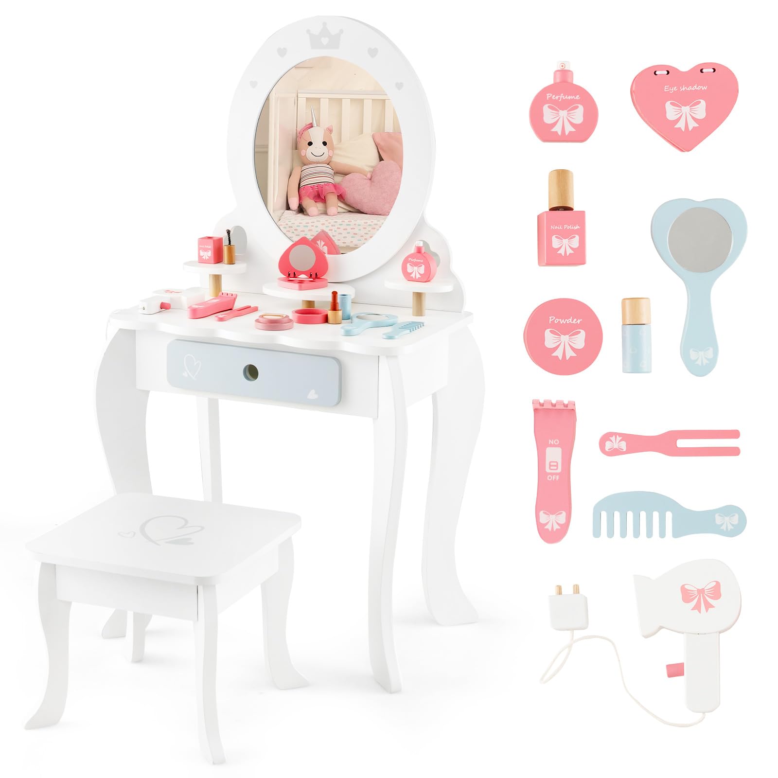 HONEY JOY Kids Vanity, Toddler Wooden Makeup Vanity Table & Chair Set, 10 Pcs Pretend Play Dressing Accessories Toy, Tri-Fold Pr