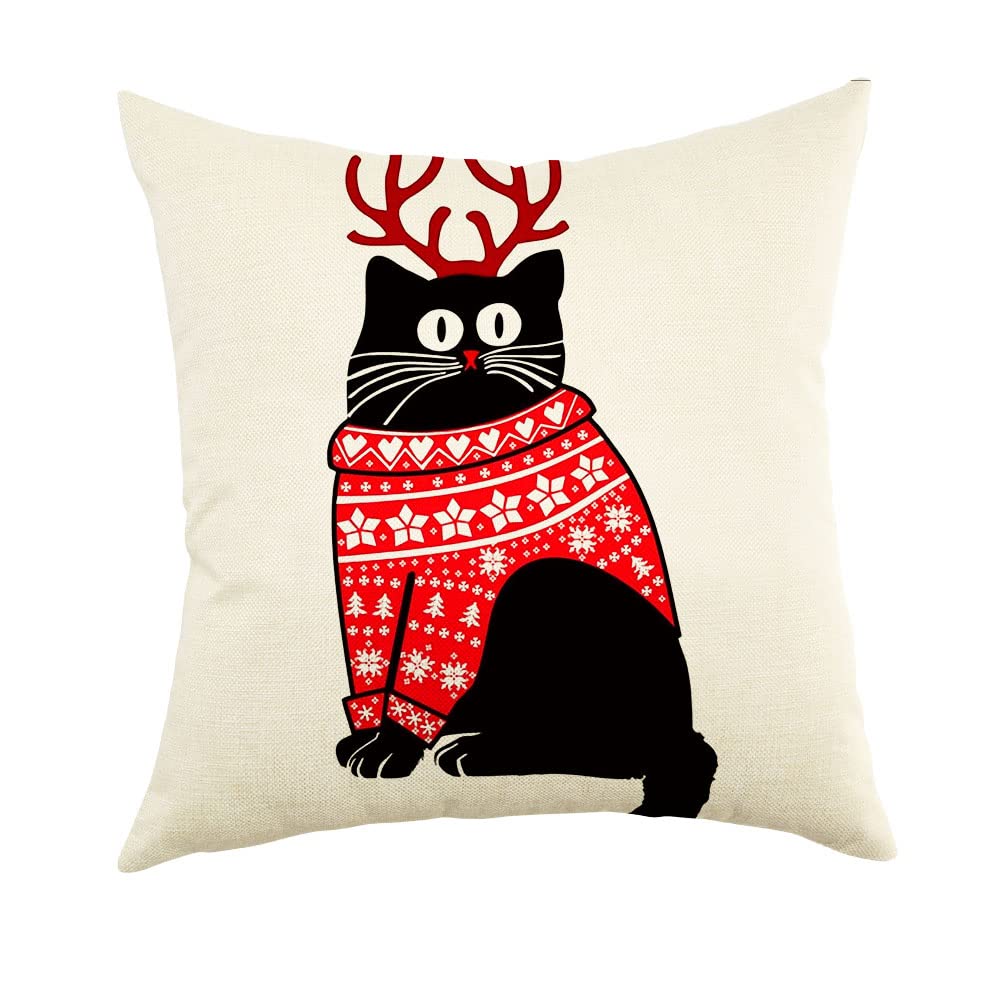 Ogiselestyle Merry Christmas Cat Throw Pillow Cover, 18 X 18 Inch Xmas Winter Holiday Cushion Case Decoration For Sofa Couch