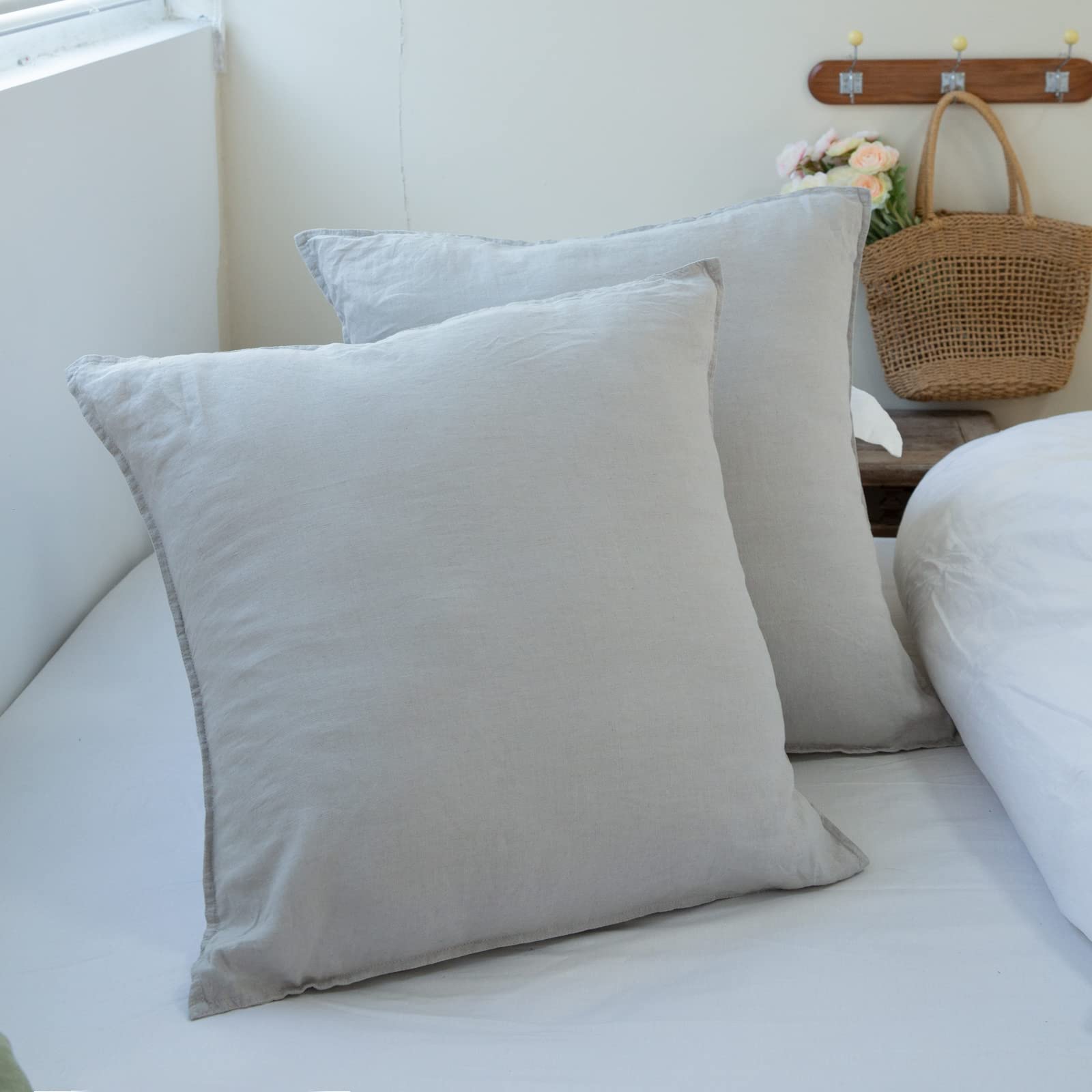 Simple&Opulence 100% Washed Linen Euro Shams Basic Style (26'' X 26'') - Pack Of 2 - Solid Color Pillow Shams Natural Flax Square Throw Pillow Covers - Light Grey