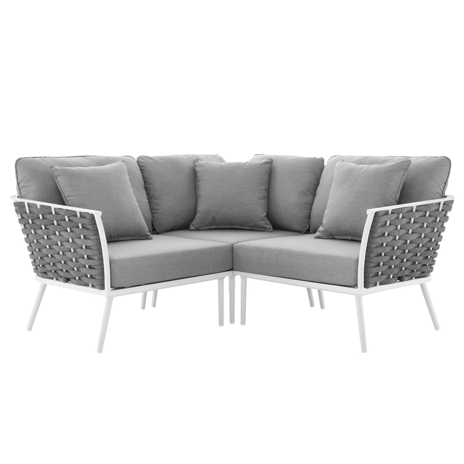 Modway Stance Outdoor Patio Woven Rope Aluminum Small Sectional Sofa in White Gray