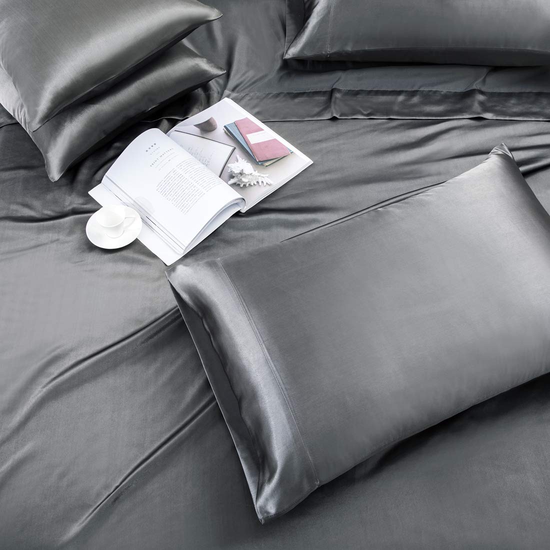 Treely 6 Piece Satin Sheets Full Size Silky Smooth Grey Satin Sheet Set With Deep Pocket, Satin Fitted Sheet, Flat Sheet, 4 Sati