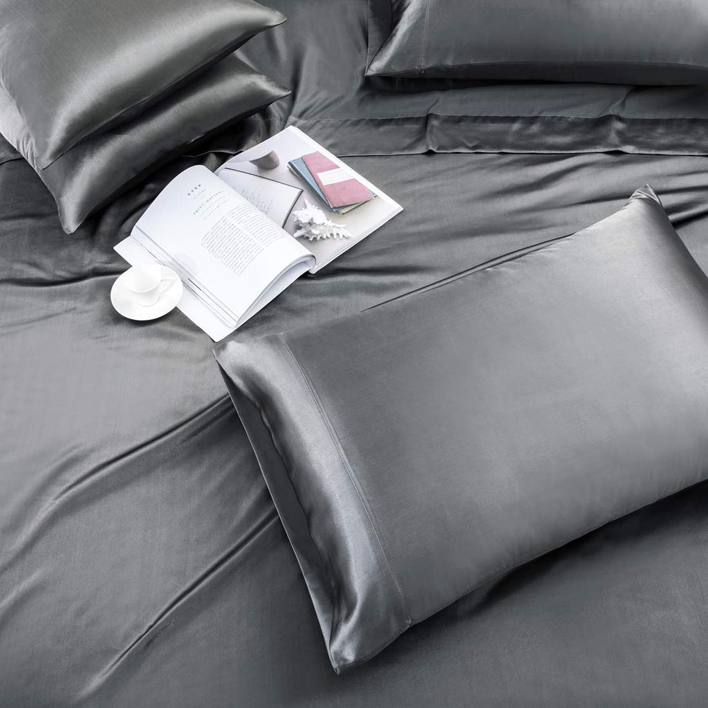Treely 6 Piece Satin Sheets King Size Silky Smooth Grey Satin Sheet Set With Deep Pocket, Satin Fitted Sheet, Flat Sheet, 4 Sati