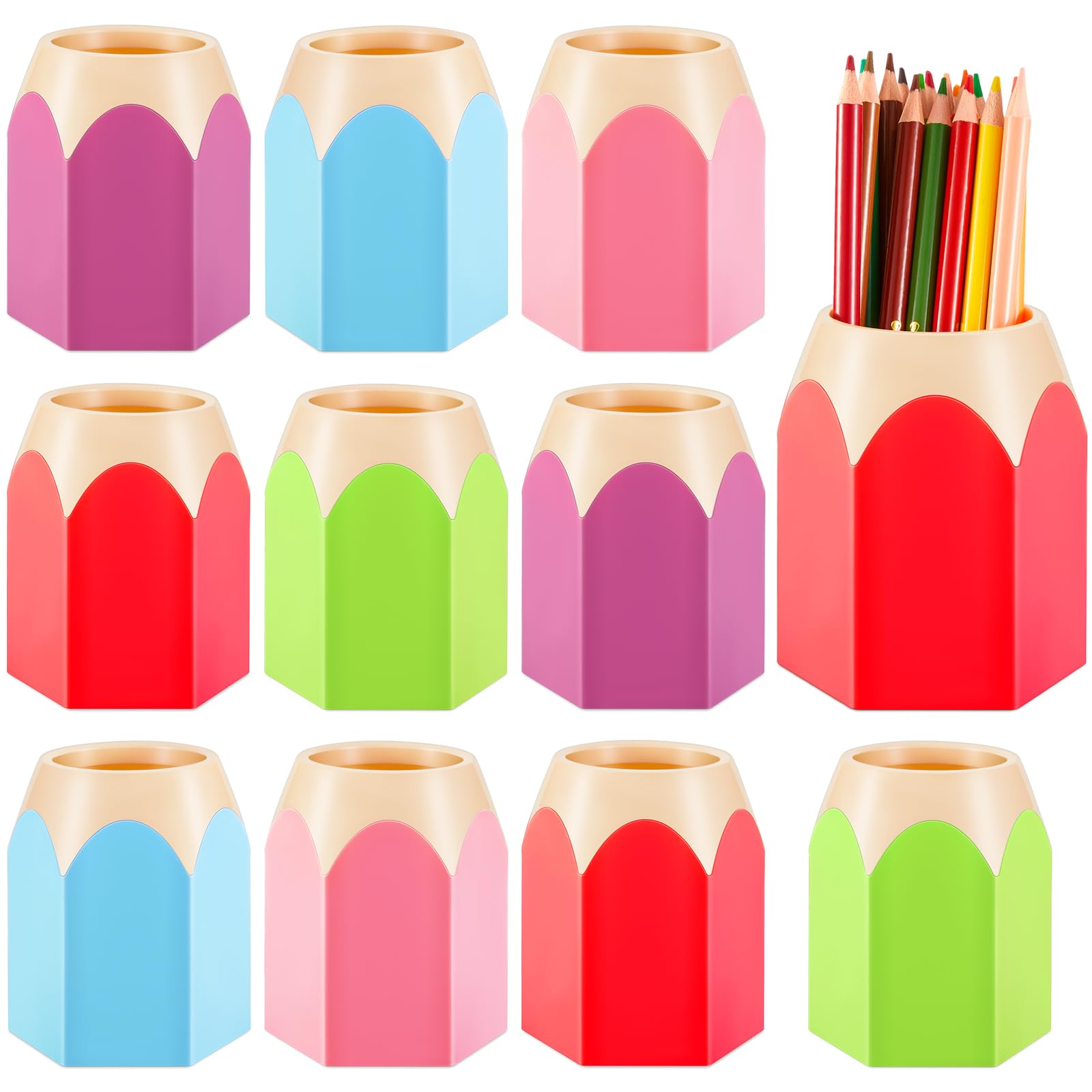 Henoyso 10 Pieces Pencil Shaped Cups For Classroom Pencil Dispenser Bulk Cute Pen Holders Storage Desktop Colorful Makeup Brush