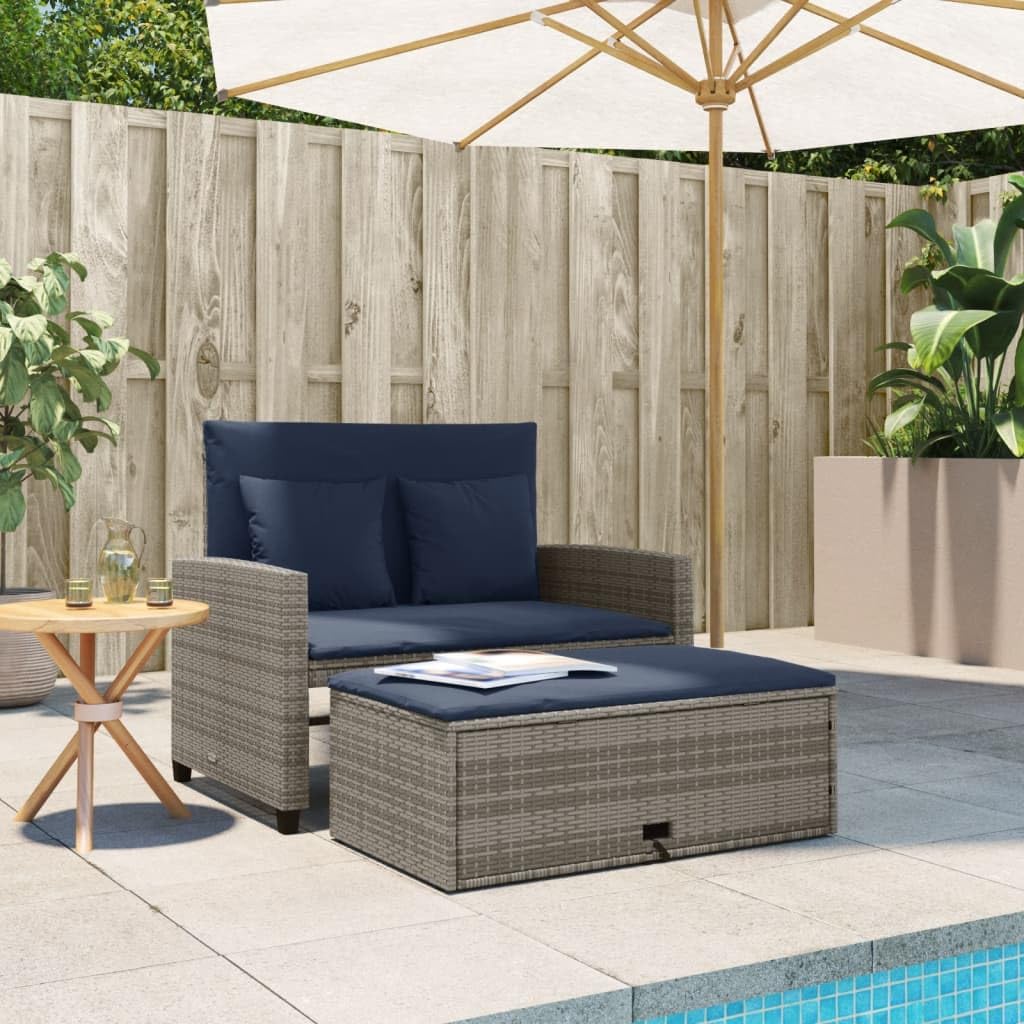 vidaXL Patio Sofa with Cushions, 2-Seater Storage Garden Bench in Gray Poly Rattan, Flexible Sofa Bed, Outdoor Footstool, Navy Blue Cushions, Reclining Backrest, 45.3&quot; Garden Lounger
