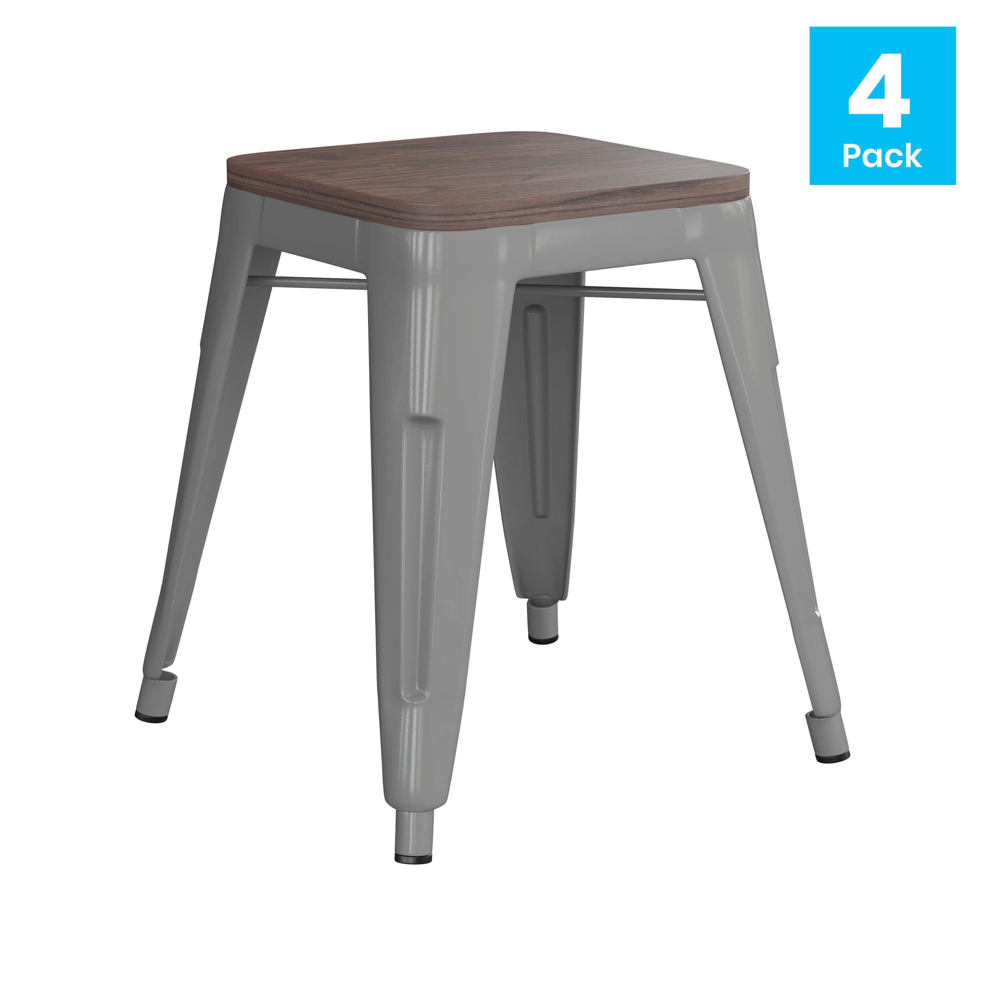 Flash Furniture Metal Dining Table Height Stool with Wooden Seat Set of 4 - Backless Silver Kai Commercial Grade Stool - Kai 18&quot; Stackable Dining Chairs