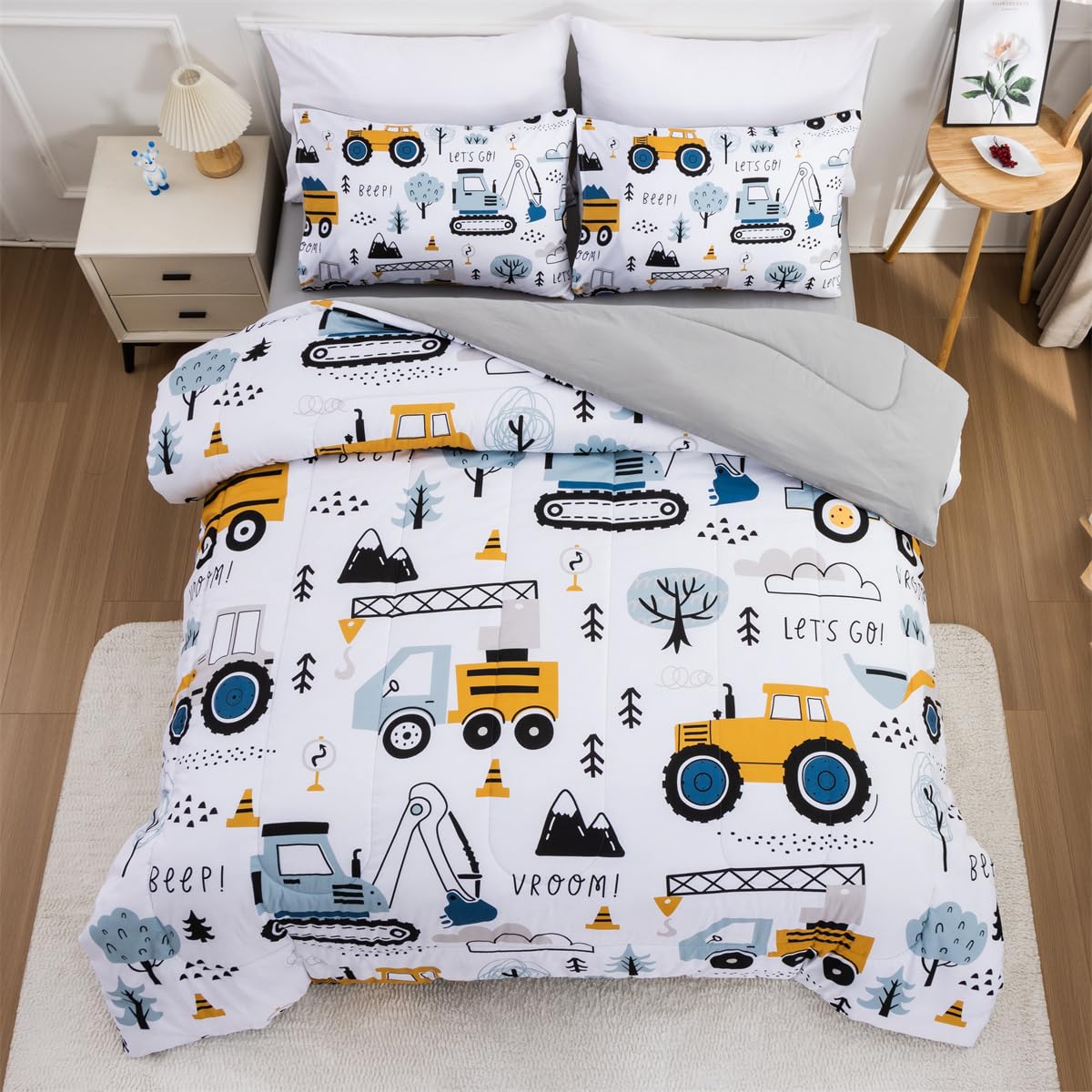 NTBED Twin 5pcs Construction Truck Comforter Set for Boys - Grey Blue Lightweight Microfiber Bedding with Excavator Design