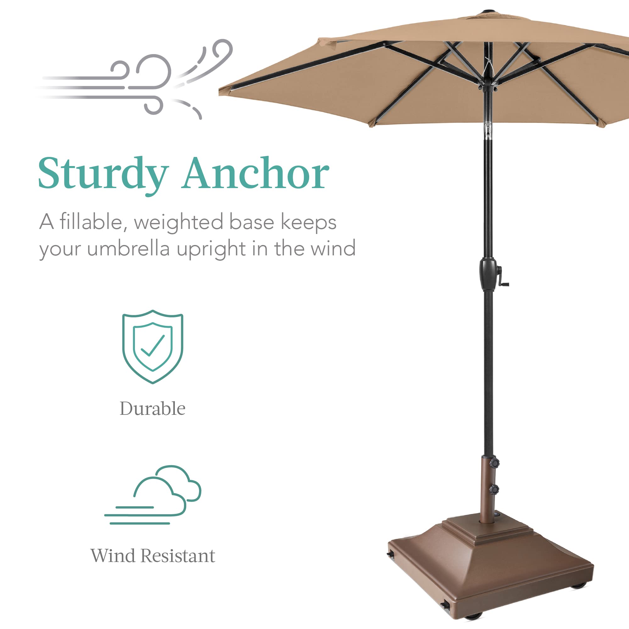 Best Choice Products Fillable Mobile Umbrella Base, Heavy Duty Base, Square Tiered Market Stand For Patio, Deck, Outdoor W/ 4 Wheels, 2 Locks, 2 Knobs, 120Lb Capacity - Brown