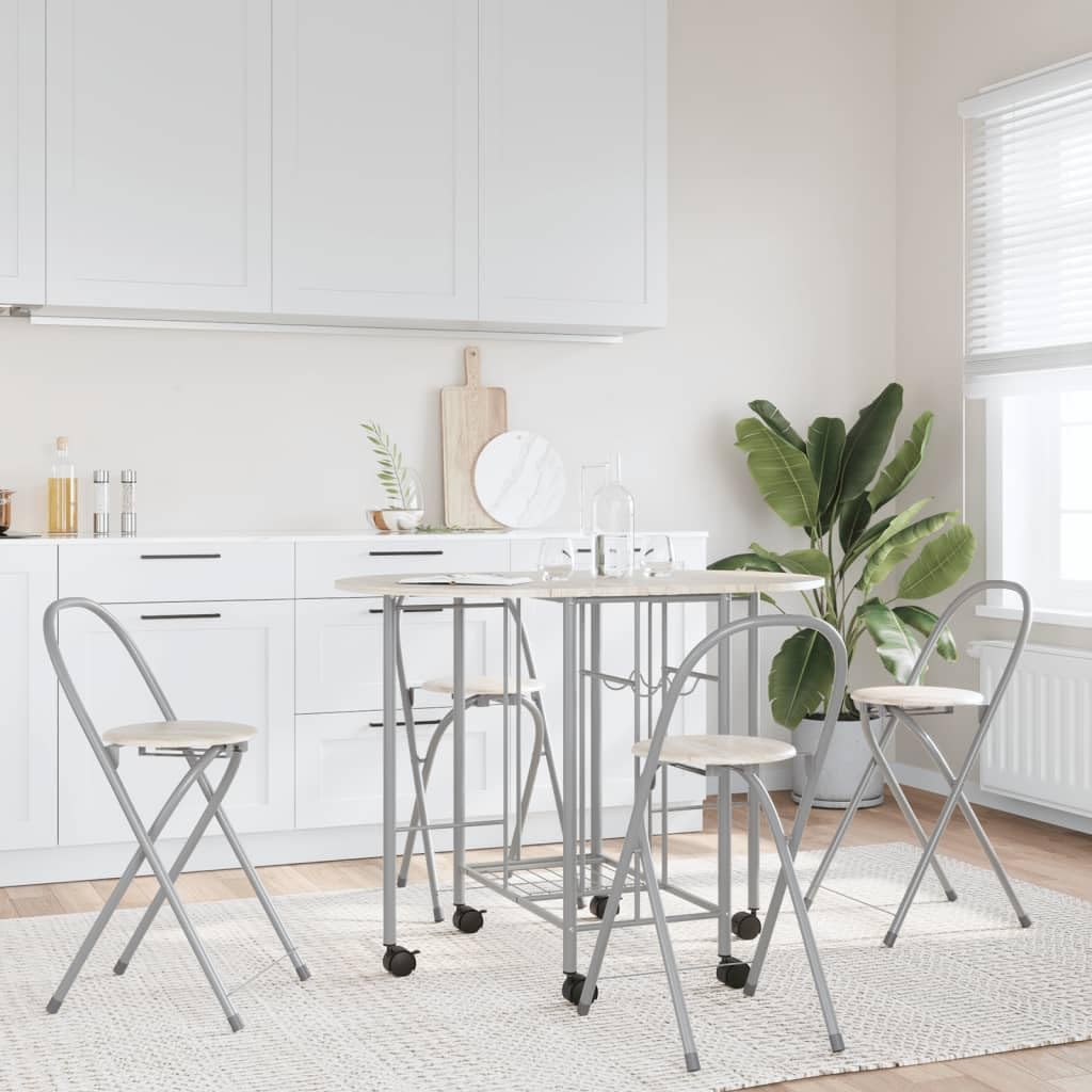 vidaXL Five Piece Folding Dining Set - Compact Movable Kitchen Furniture - Oak and Silver Color - Durable MDF and Iron