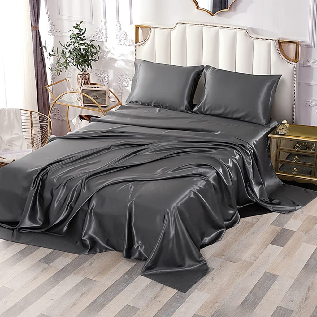 Sfoothome Satin Twin Bed Sheet Sets 3 Pieces Charcoal Silky Smooth Satin 14' Deep Pocket Fitted Sheet, Flat Sheet, 1 Pillow Cas